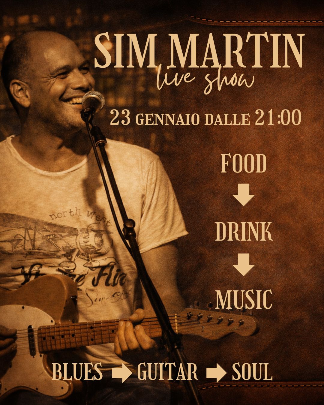 Live blues al Rustmood con Sim Martin, tra musica, luci soffuse e atmosfera raccolta